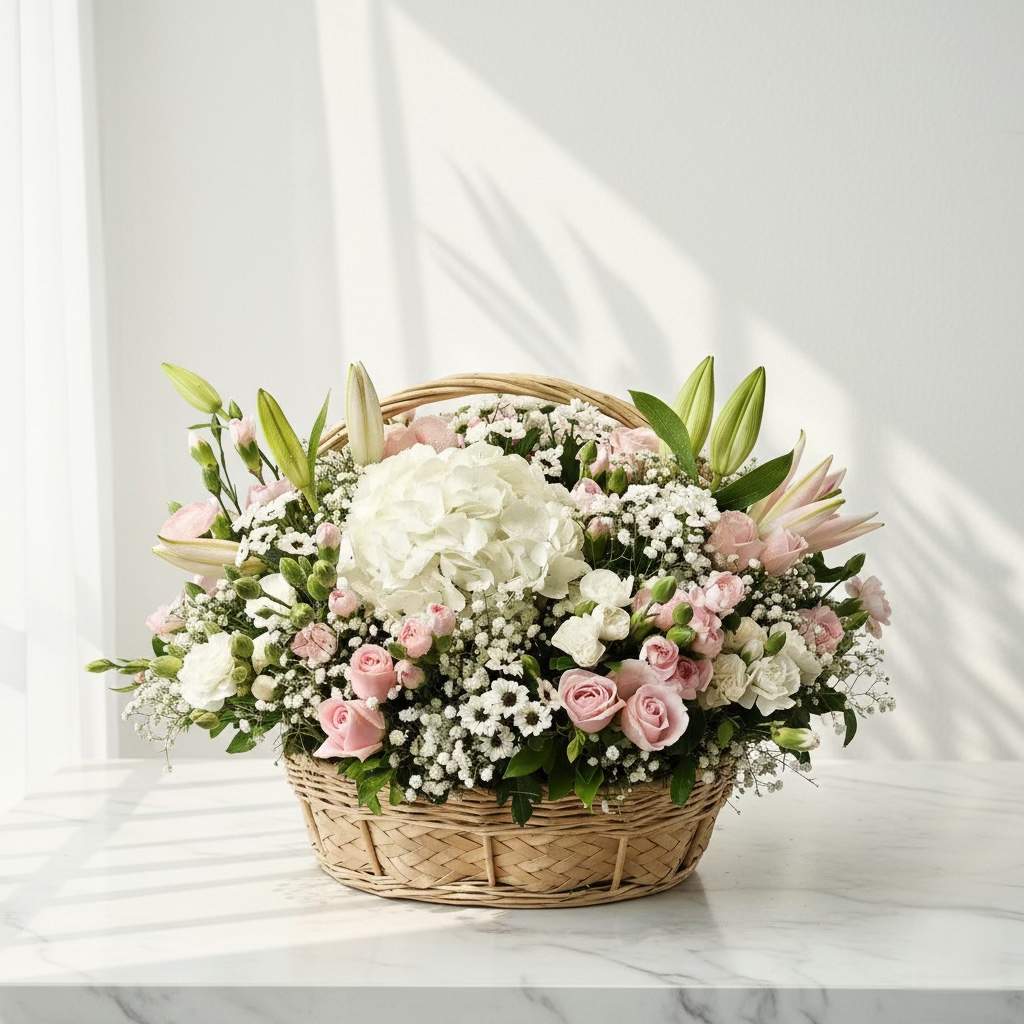 Floral arrangement in a woven basket fresh flowers same day delivery