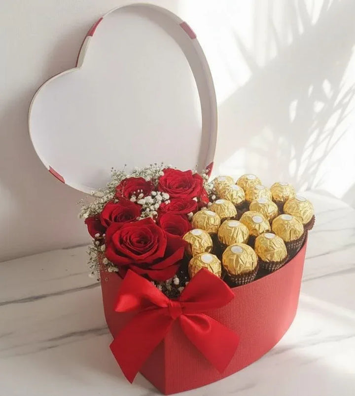 A Heart Box of Red Flowers & Ferrero Rocher - atfleurs