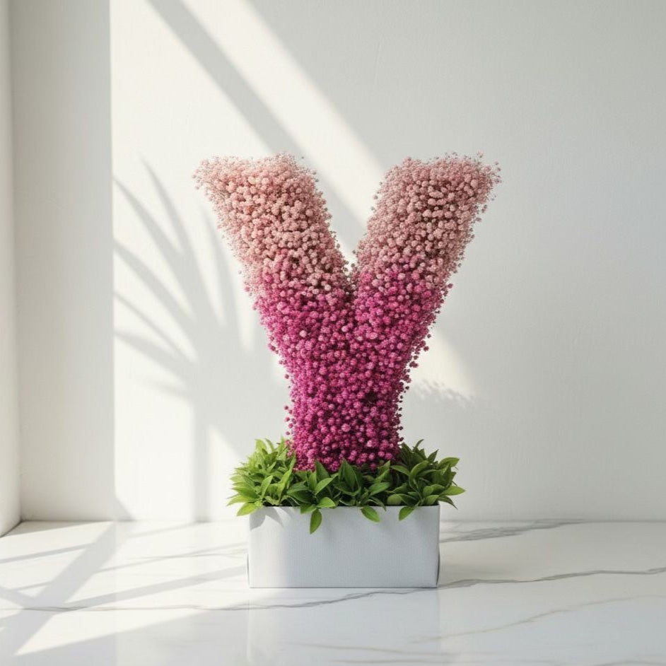 Pink floral letter 'Y' in a pot on a white surface with a light gray background.  Fresh flower bouquet