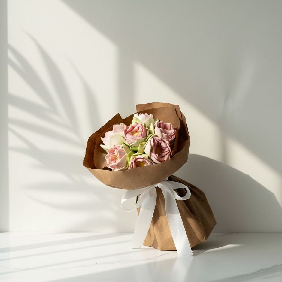 Bouquet of flowers wrapped in brown paper with a white ribbon on a light background hand bouquet 