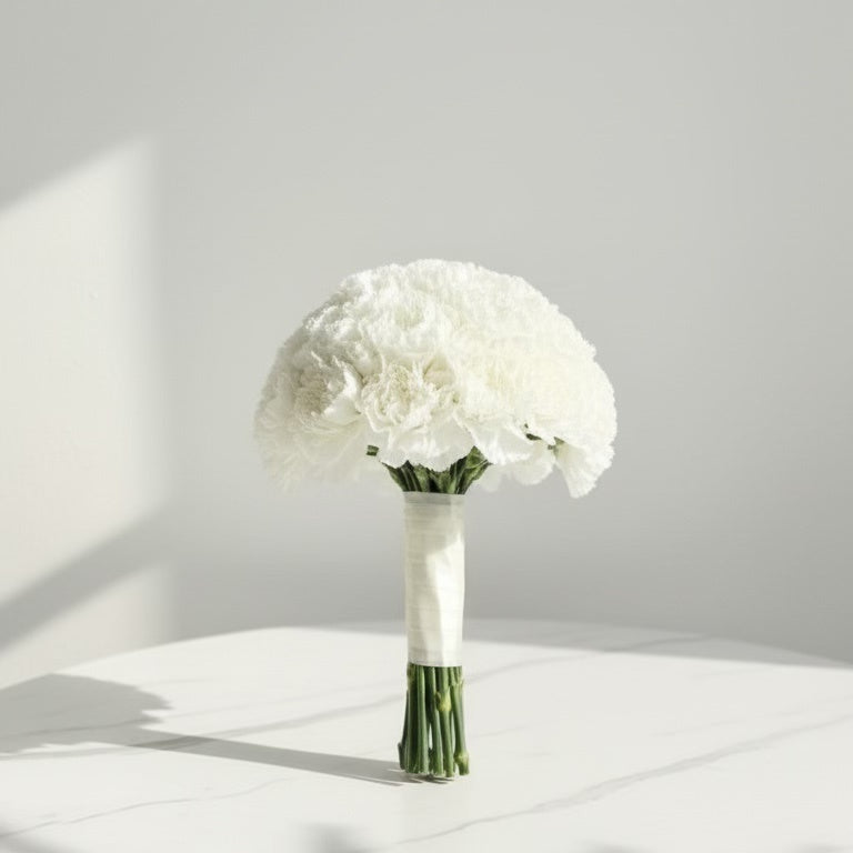 Bouquet of white flowers with a white wrap on a light gray background
wedding bouquets