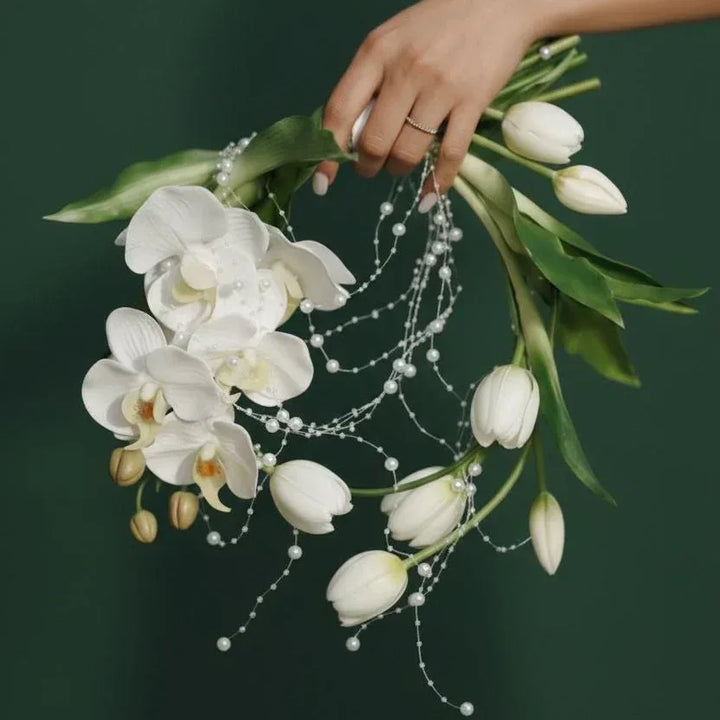 White Orchid & Tulip Bridal Bouquet | Pearl String Design - atfleurs
