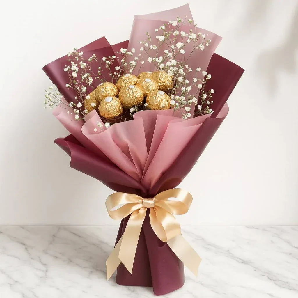 Ferrero Rocher Chocolate Bouquet with Baby’s Breath - atfleurs