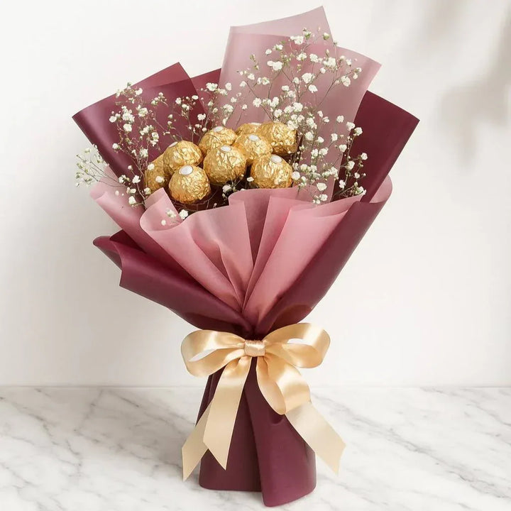 Ferrero Rocher Chocolate Bouquet with Baby’s Breath - atfleurs