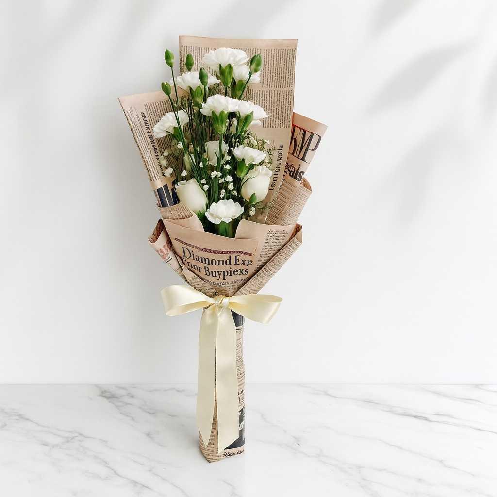 White Carnations and Roses Bouquet with Gypsophila - atfleurs