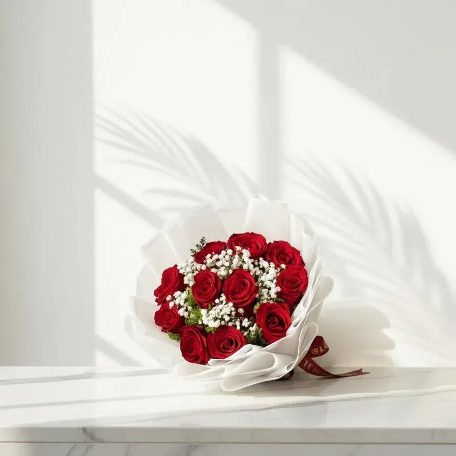 Red Rose & Baby’s Breath Wrap Bouquet - atfleurs