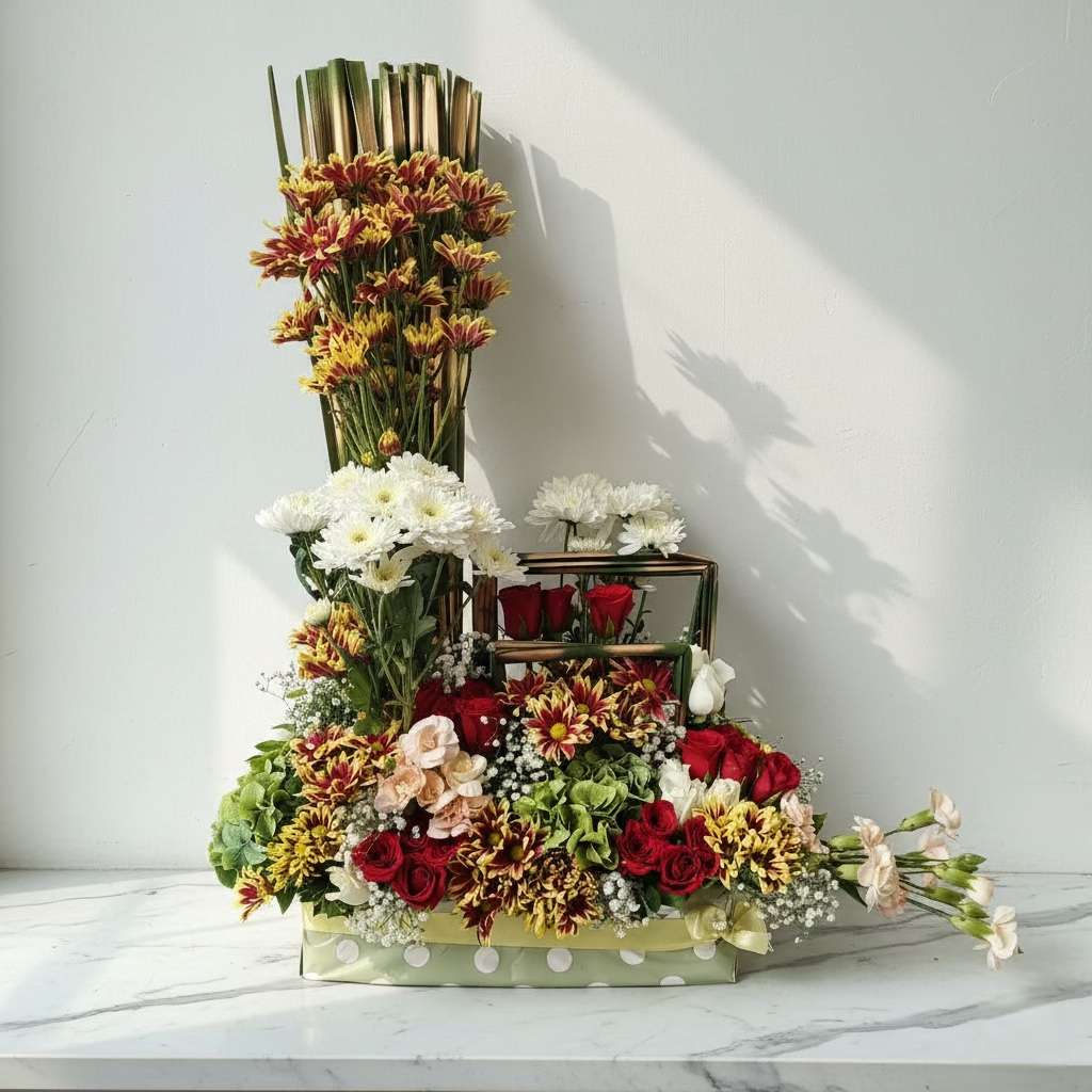Floral arrangement in a decorative box. fresh flowers 