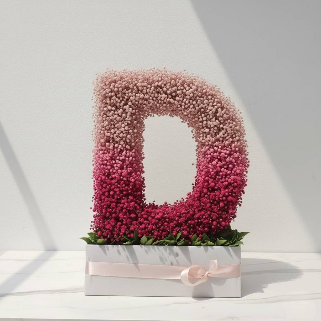 Floral arrangement shaped like the letter 'D' with a gradient of pink and red on a white background.  Fresh flower bouquet