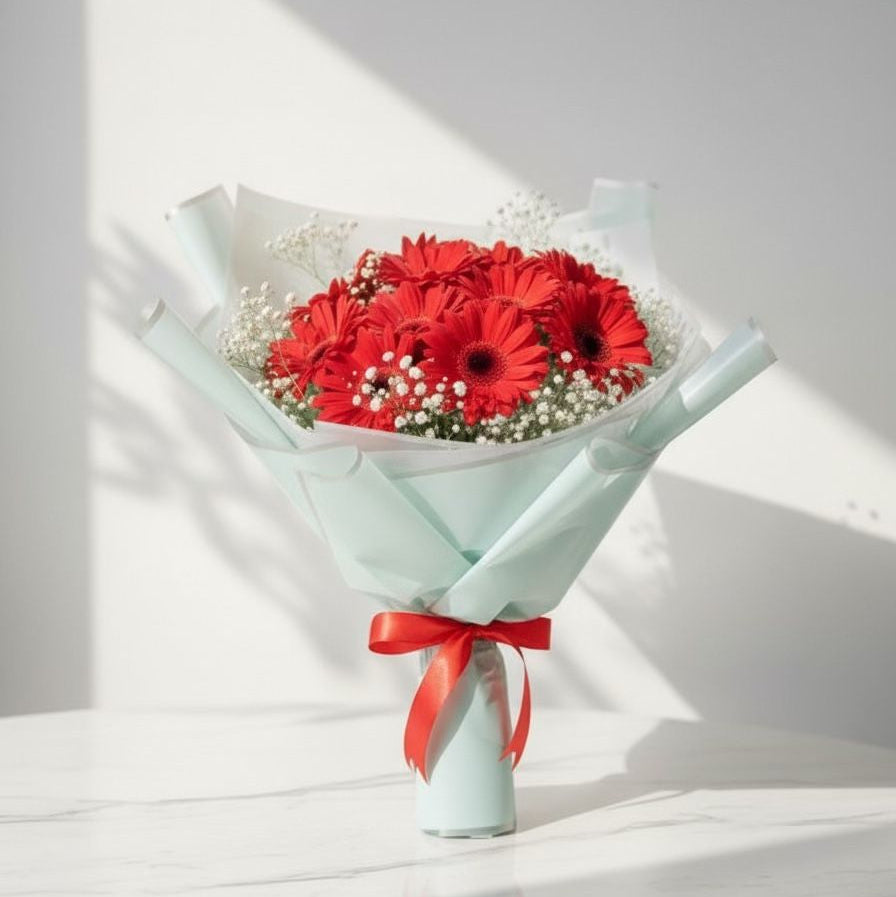 Bouquet of red flowers wrapped in light blue paper with a red ribbon on a white background