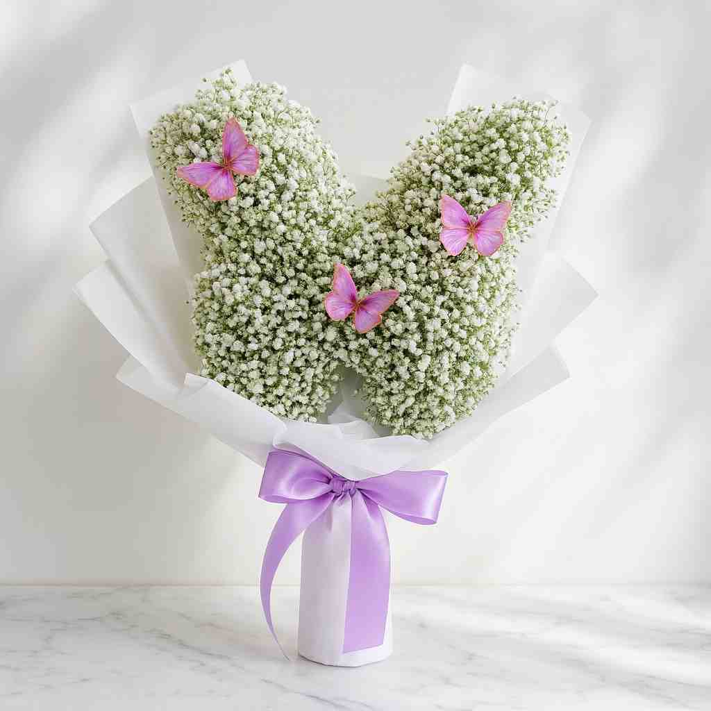 Floral arrangement shaped like a heart with baby's breath and pink butterflies, tied with a purple ribbon on a white background. Fancy Flowers