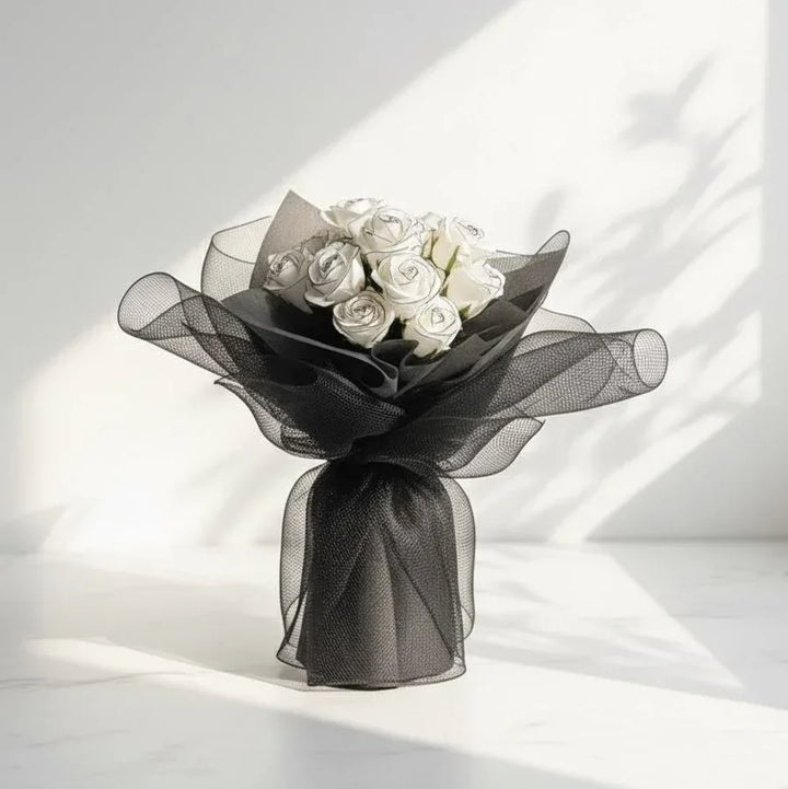 Grace White Rose Bouquet in Black Wrap - atfleurs