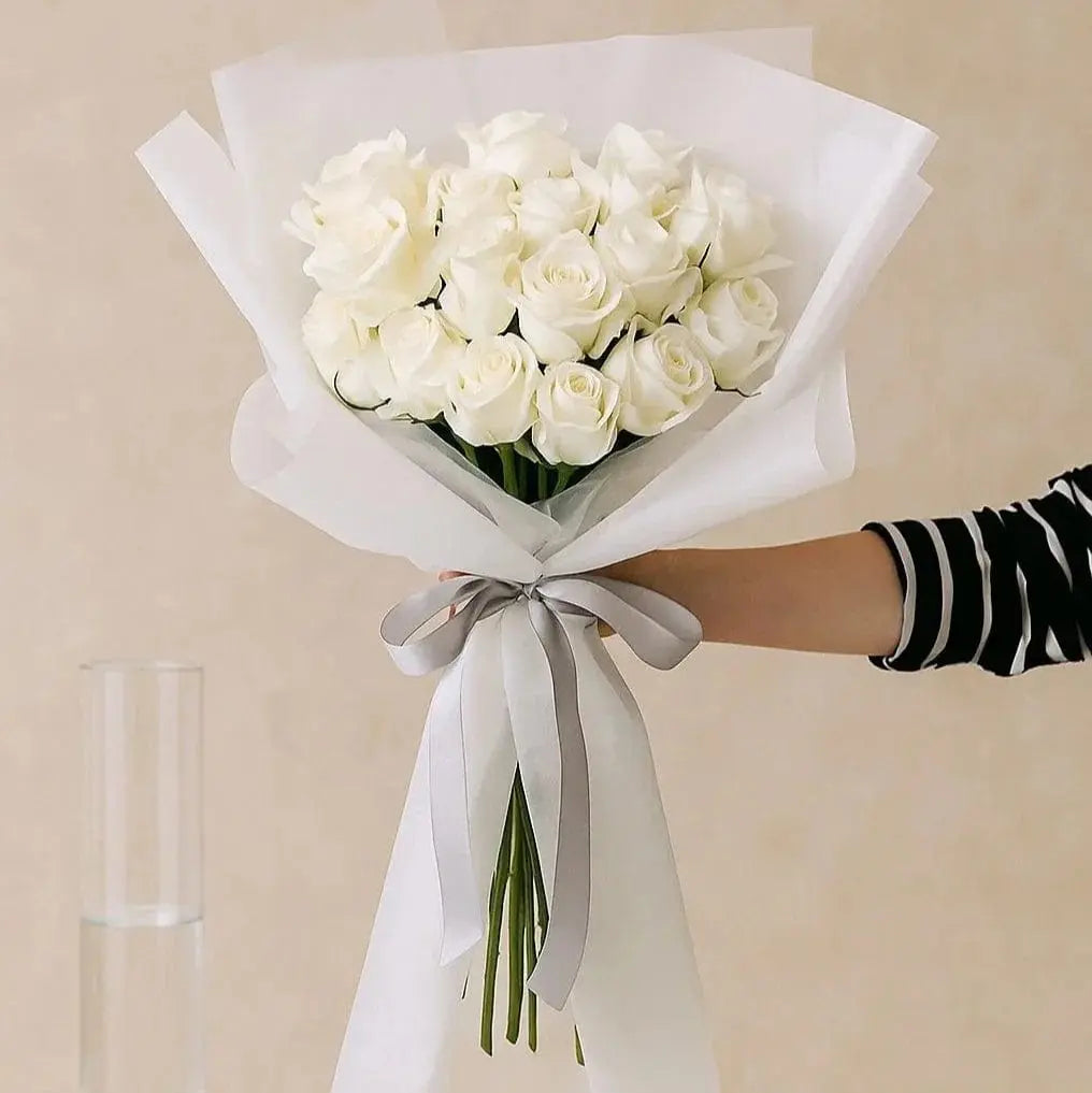 White Rose Bouquet with Silver Ribbon atfleurs