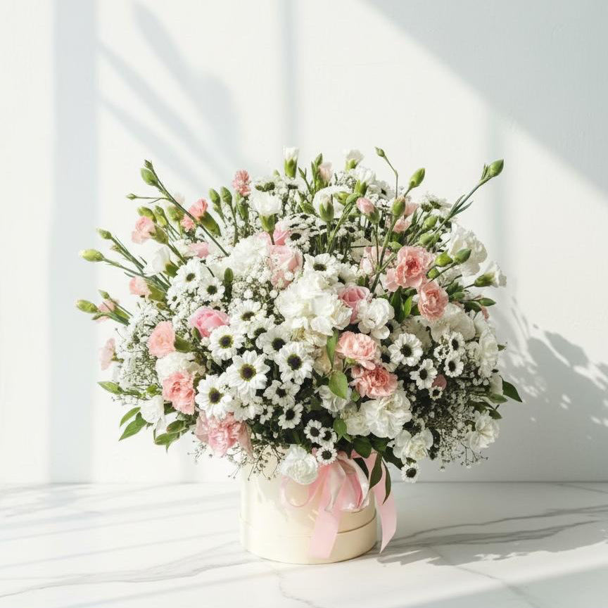 Bouquet of white and pink flowers in a box on a light background