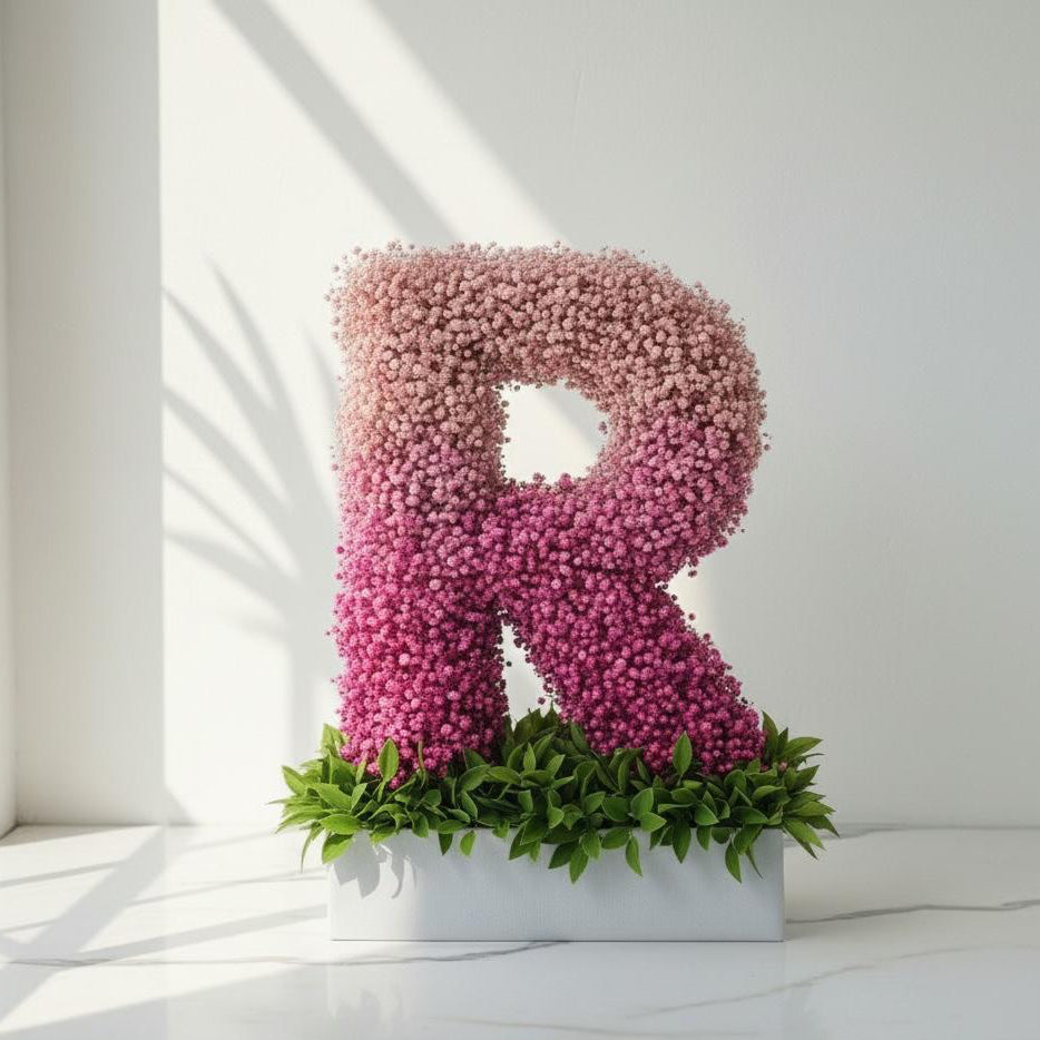 Pink floral letter 'R' in a pot on a white surface with sunlight casting  shadows. Fresh flower bouquet