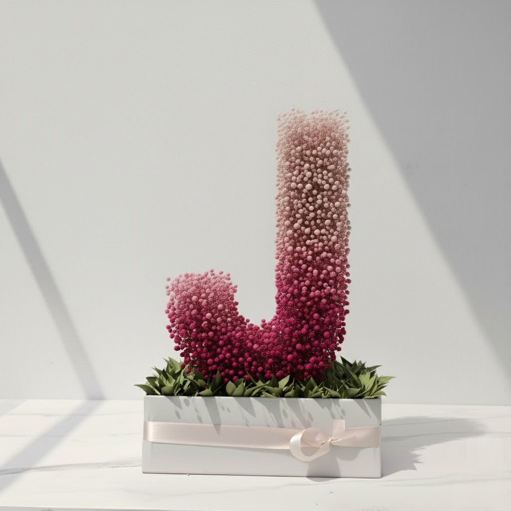 Decorative letter 'J' made of pink flowers in a clear container on a white background  Fresh flower bouquet