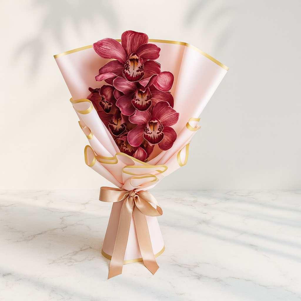 Burgundy Cymbidium Orchid Hand-Tied Bouquet - atfleurs