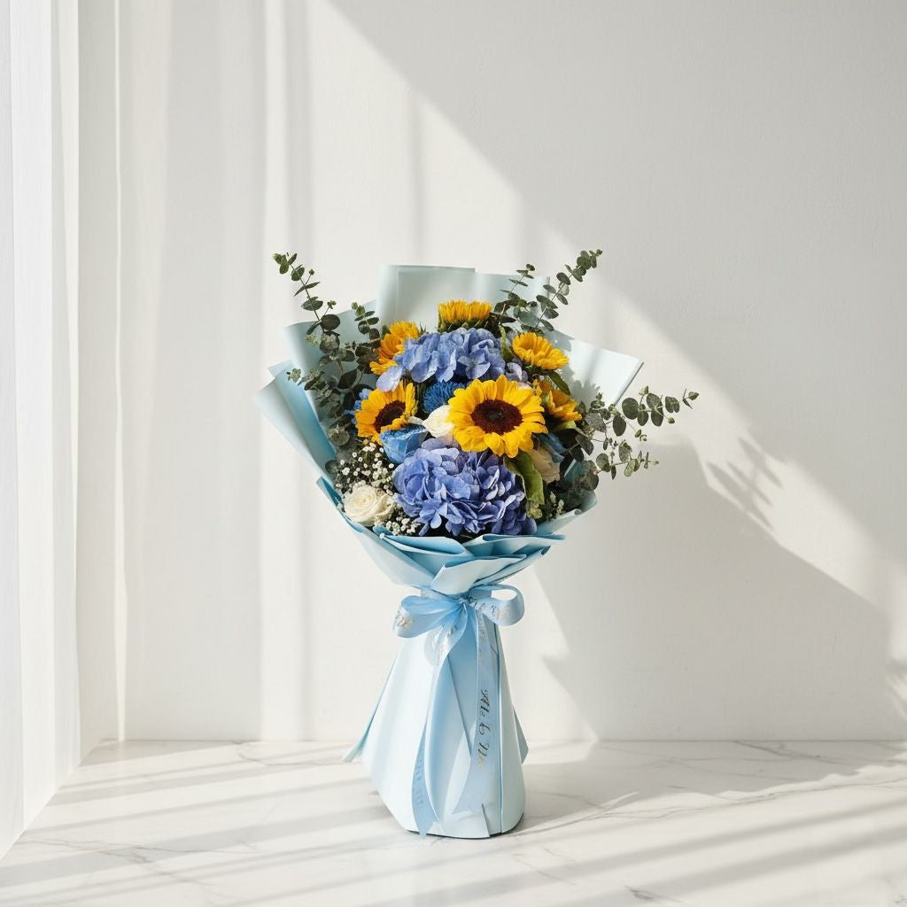 Hydrangea, Sunflower & Roses Bouquet atfleurs