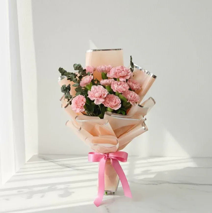 Soft Pink Carnation Hand Bouquet with Eucalyptus - atfleurs