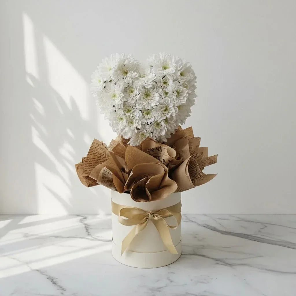 White Chrysanthemum and Baby’s Breath Heart Bouquet - atfleurs