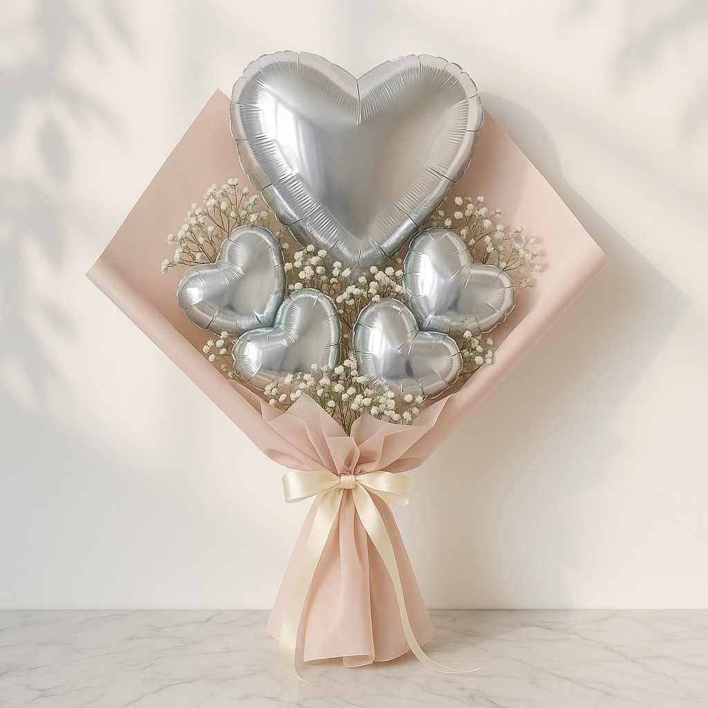 Silver Heart Balloon Bouquet with Baby’s Breath - atfleurs