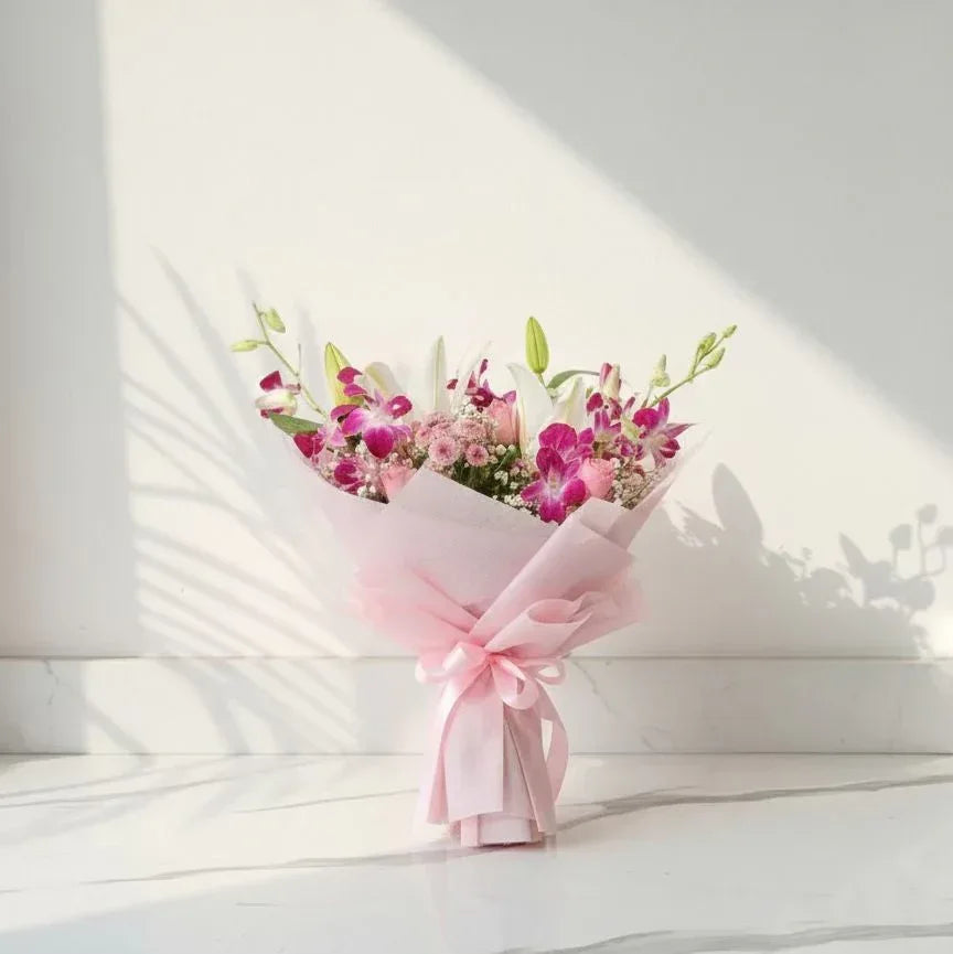 Orchid & Lily Harmony Bouquet Fresh Mix in Pink Wrap | AtFleurs - atfleurs