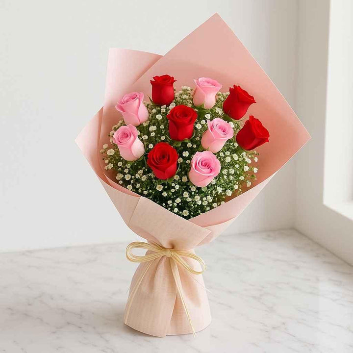 Red & Pink Roses with Gypso Bouquet - atfleurs