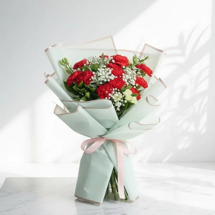 Red Carnation & Baby’s Breath Bouquet | Floral Gift - atfleurs
