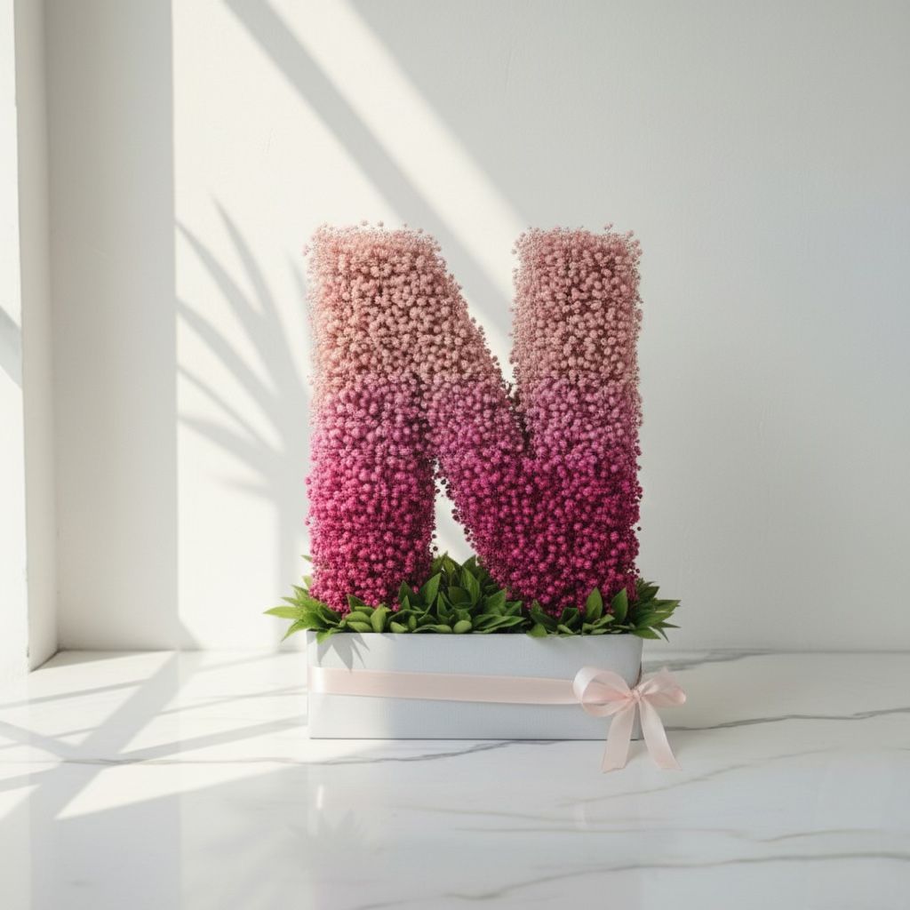 Floral arrangement shaped like the letter 'N' on a white surface with a light background  Fresh flower bouquet