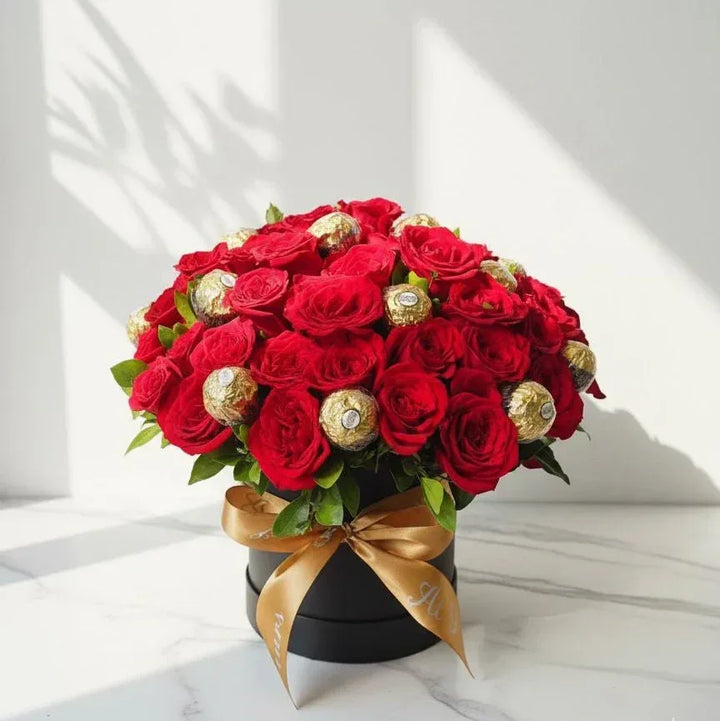 Black Box with 50 Red Roses & 16 Pc Ferrero Rocher - atfleurs