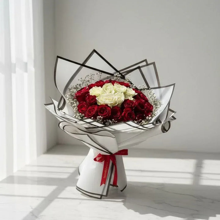 Red & White Rose Bouquet Wrapped in White & Black - atfleurs