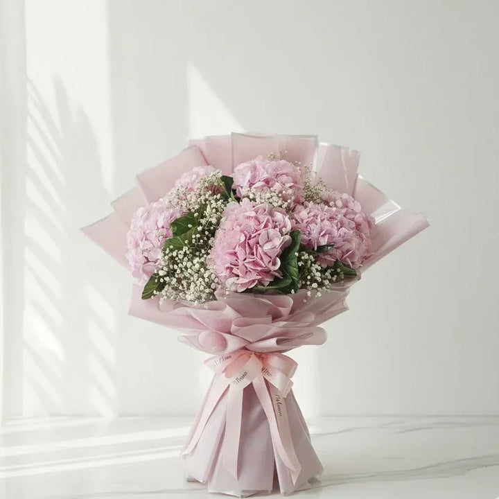 7 Pink Hydrangea and Baby's Breath Hand Bouquet - atfleurs