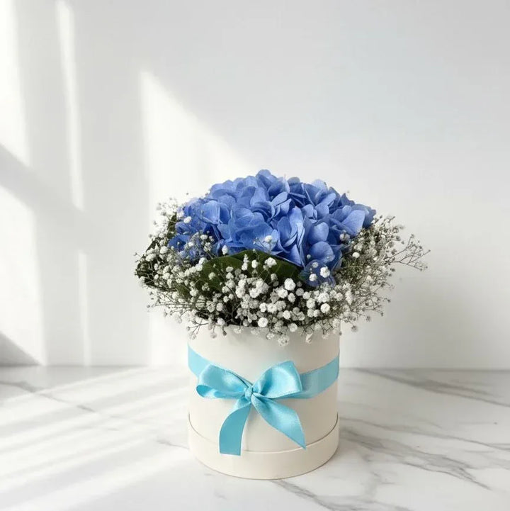 Blue Hydrangea Box with Baby’s Breath - atfleurs