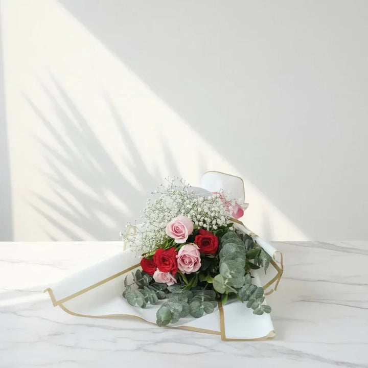 Red and Pink Rose Bouquet with Eucalyptus and Gypsophila - atfleurs