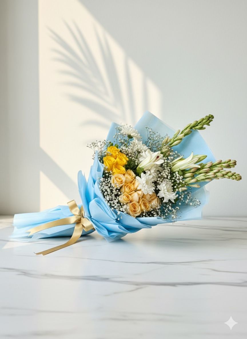 Bouquet of flowers with blue wrap on a light background