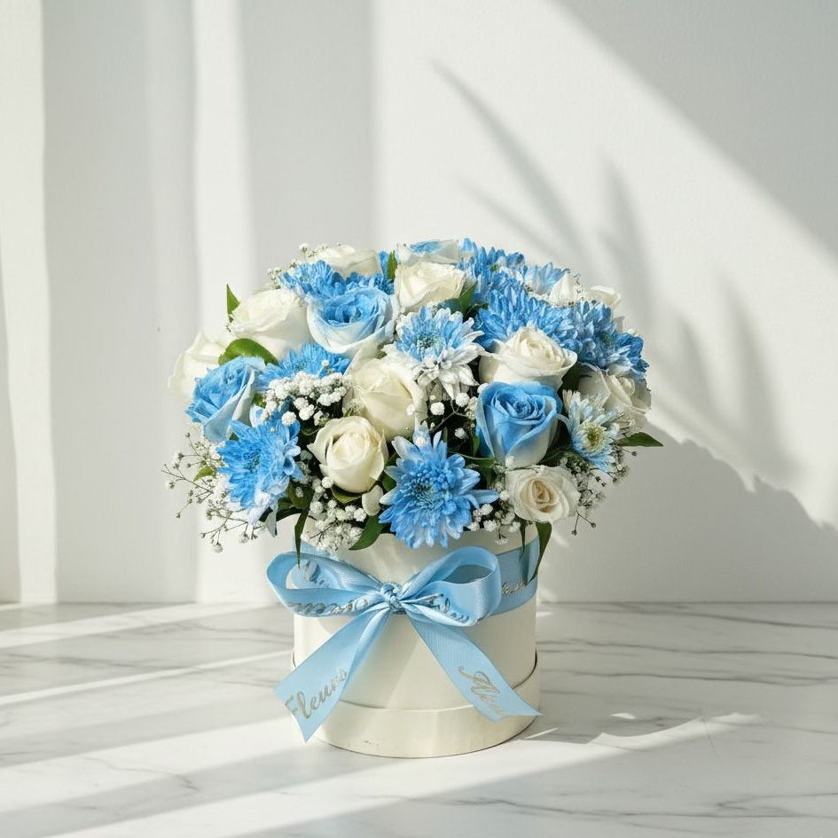 Blue and White Rose Bouquet with Chrysanthemums