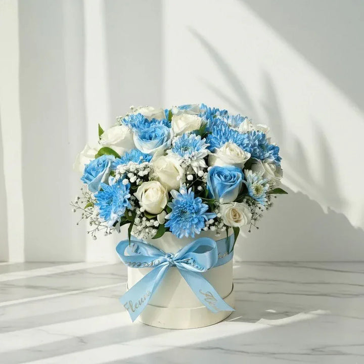 Blue and White Rose Bouquet with Chrysanthemums - atfleurs