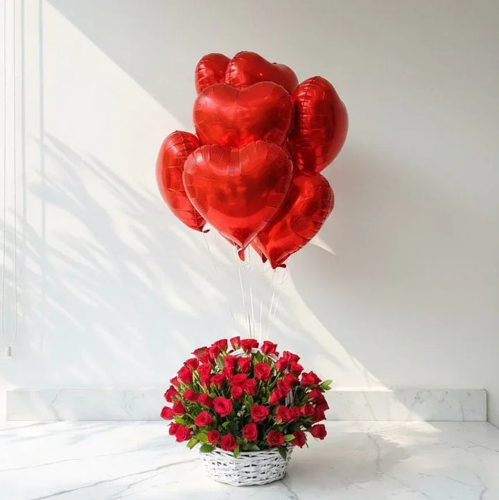 Red Rose Basket with Heart Balloons - atfleurs