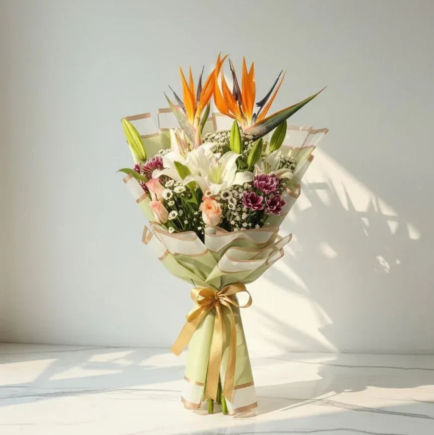 Birds of Paradise & Lily Mixed Hand Bouquet - atfleurs