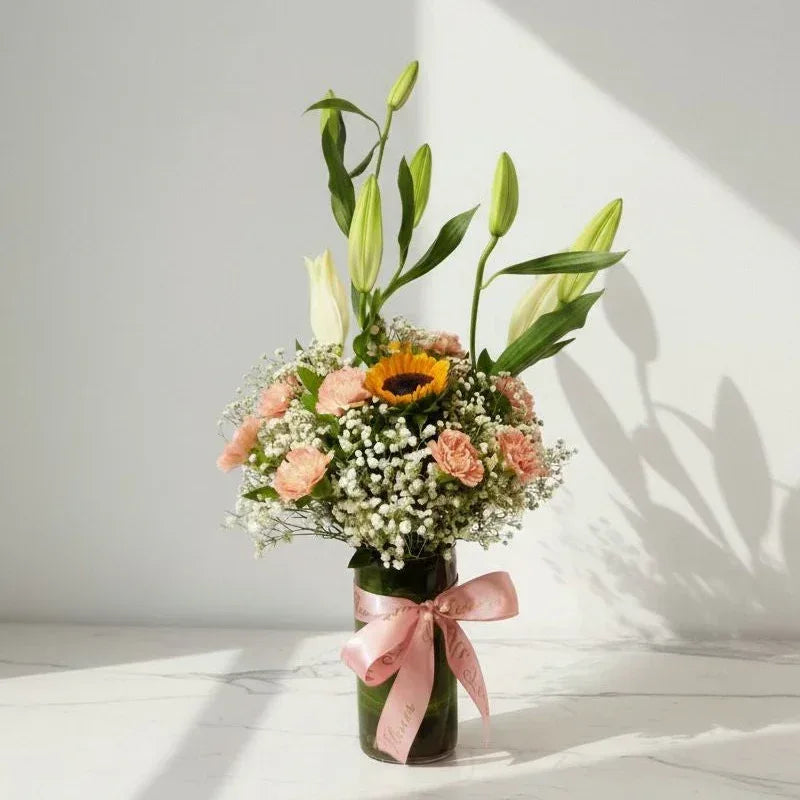 Peach Carnations & Sunflower Vase Arrangement - atfleurs