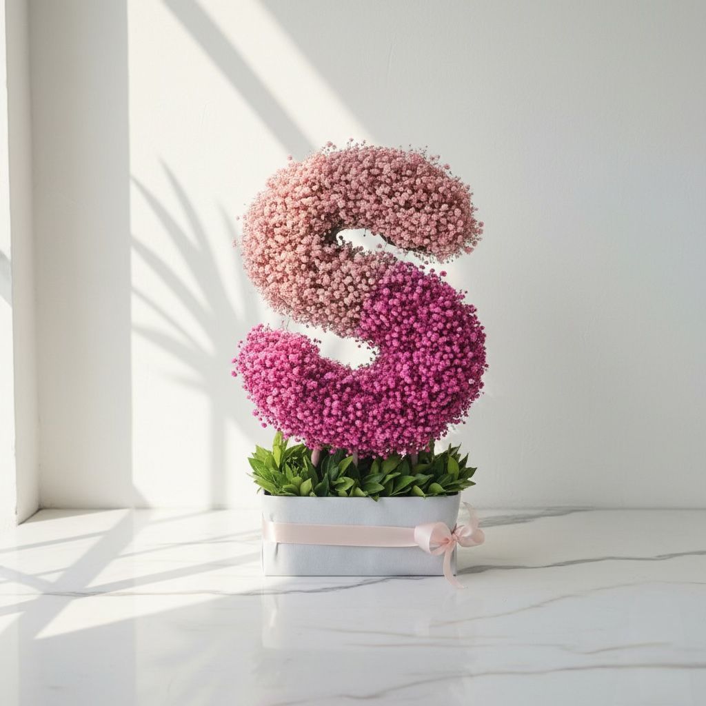 Flower arrangement shaped like the letter 'S' on a white surface with a light background  Fresh flower bouquet