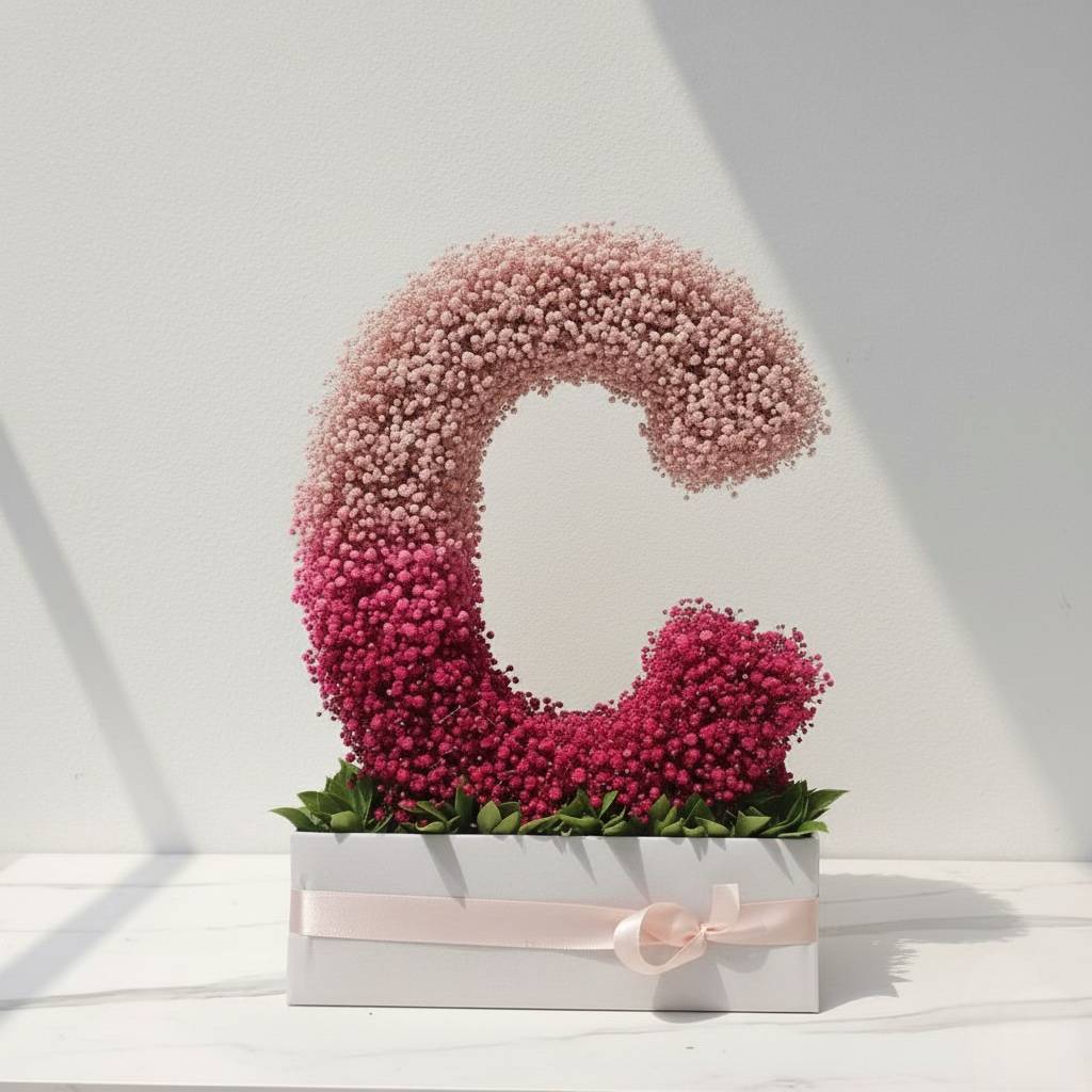 Floral arrangement shaped like the letter 'C' with pink and red flowers on a white background.  Fresh flower bouquet