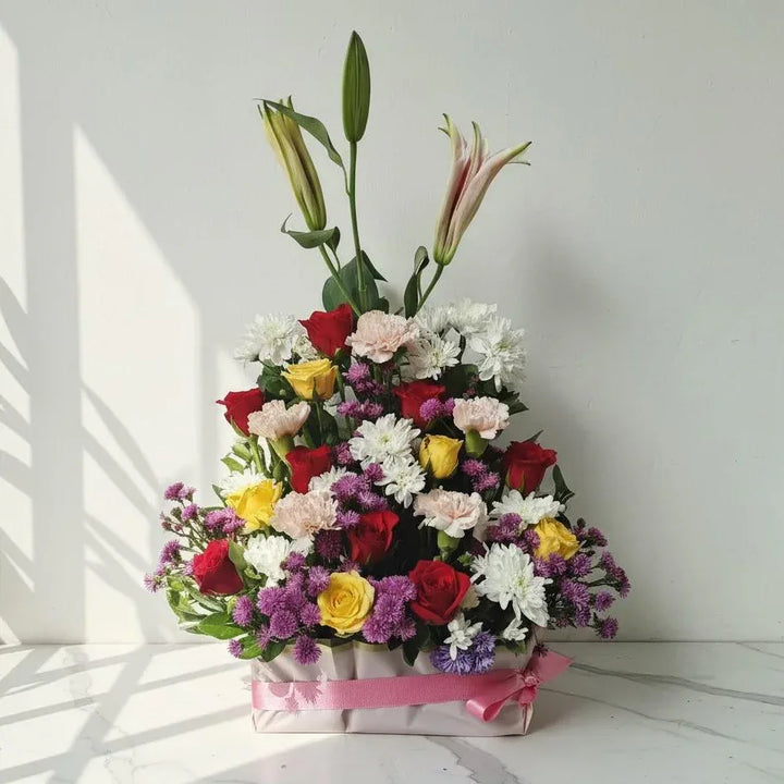 Mixed Flower Box with Lilies, Roses & Orchids - atfleurs