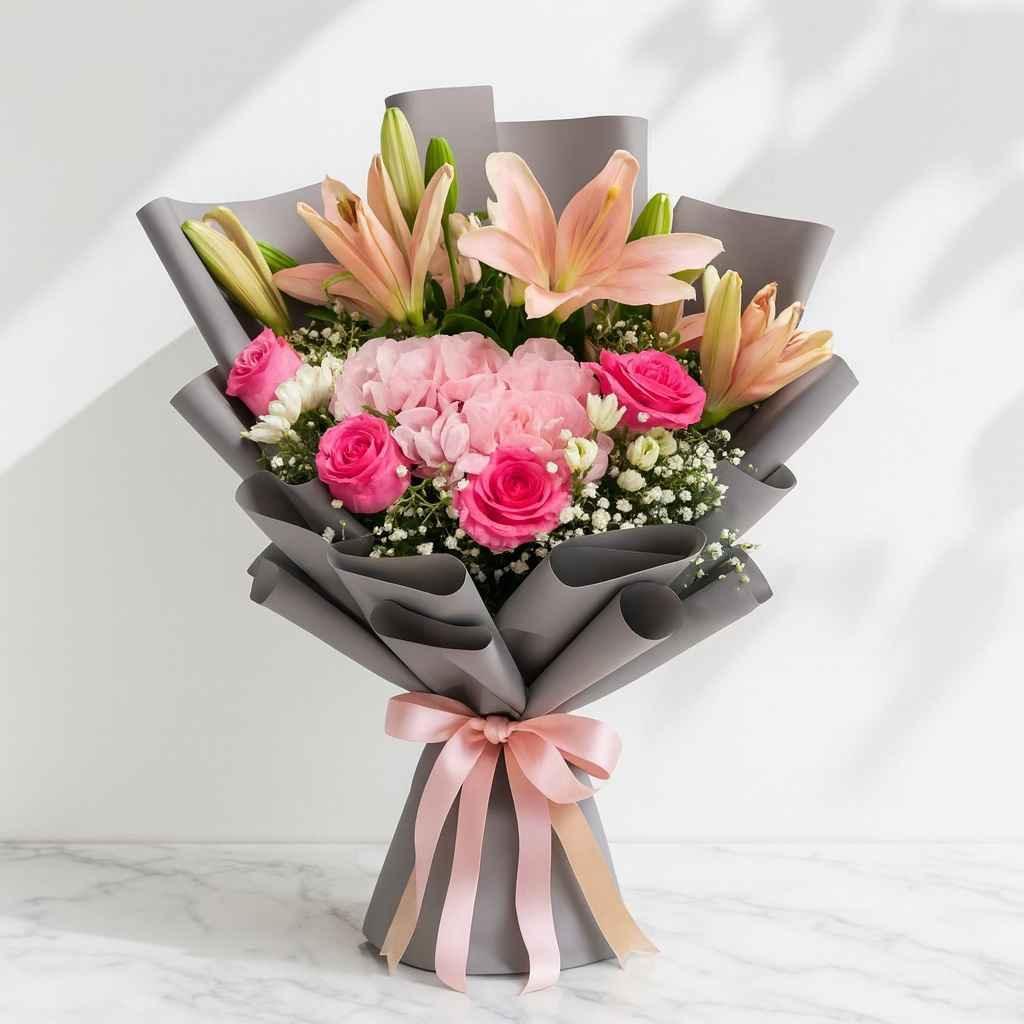 Lilies, Pink Roses and Hydrangea Hand-Tied Bouquet - atfleurs