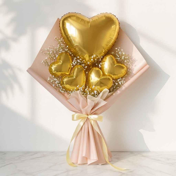 Gold Heart Balloon Bouquet with White Gypsophila - atfleurs