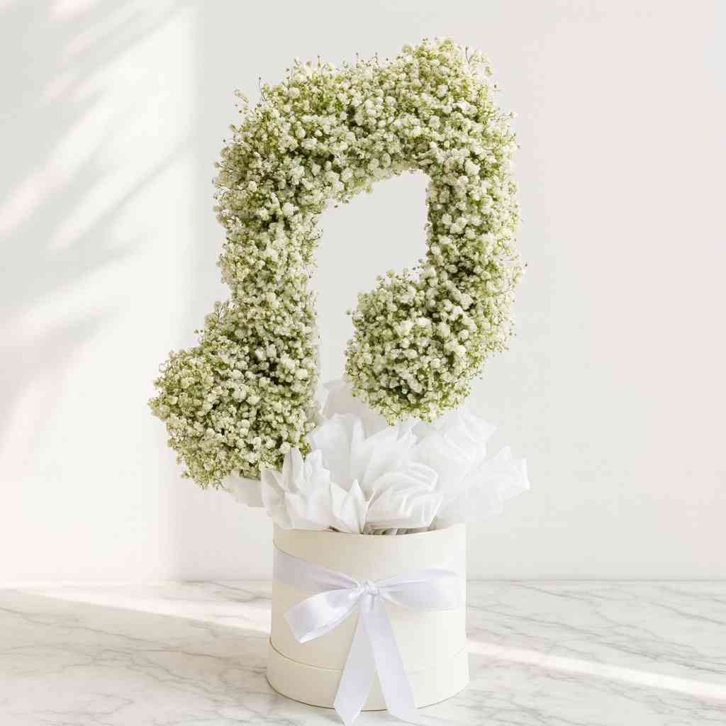 Floral arrangement shaped like a number '1' in a white box with a white ribbon on a light background