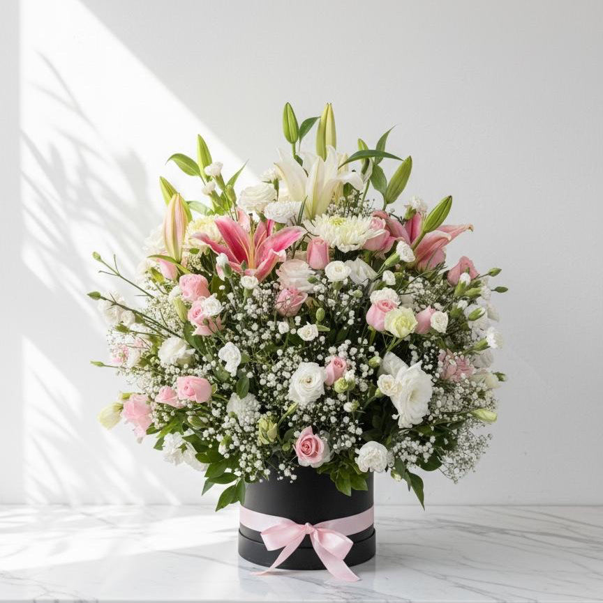 Pink and white floral box arrangement featuring lilies, roses, carnations, and baby’s breath, styled in a black round box with a pink satin ribbon, placed on a marble surface under natural light