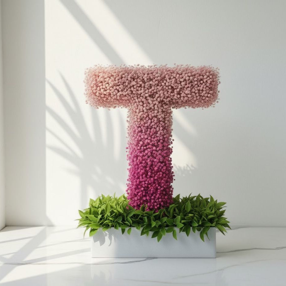 Floral letter 'T' with pink flowers and green leaves in a white pot on a light background.  Fresh flower bouquet