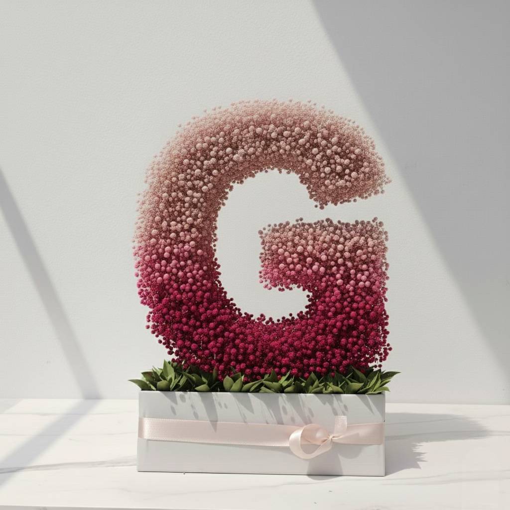 Floral arrangement shaped like the letter 'G' on a white background  Fresh flower bouquet