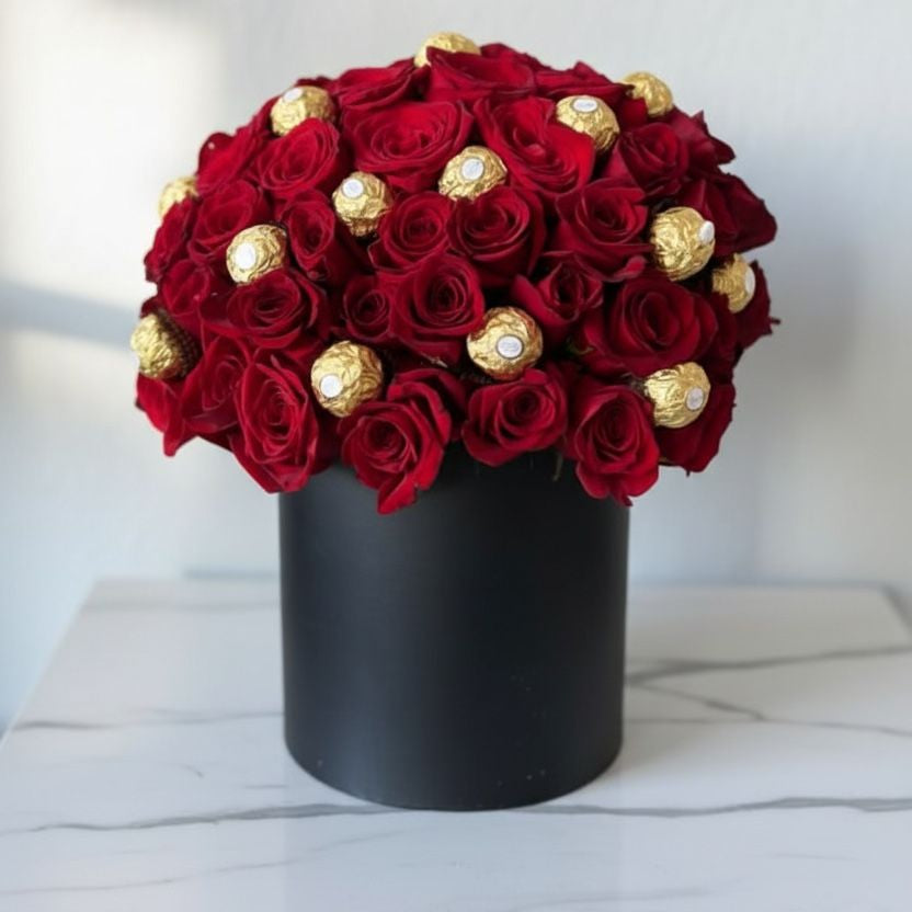 Black Box with 50 Red Roses & 16 Pc Ferrero Rocher