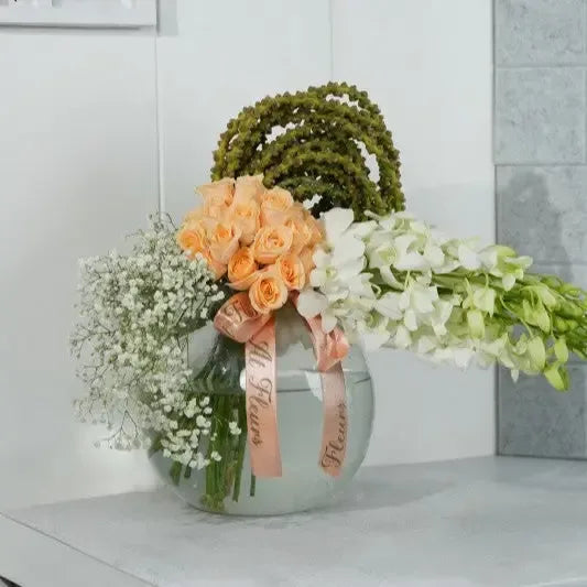 White Orchid & Peach Roses Fish Bowl - atfleurs